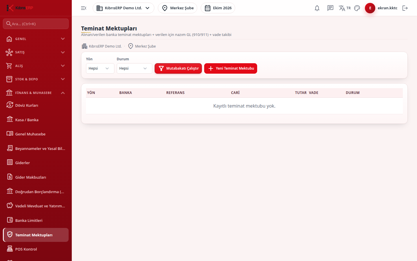 Teminat Mektupları ekranı