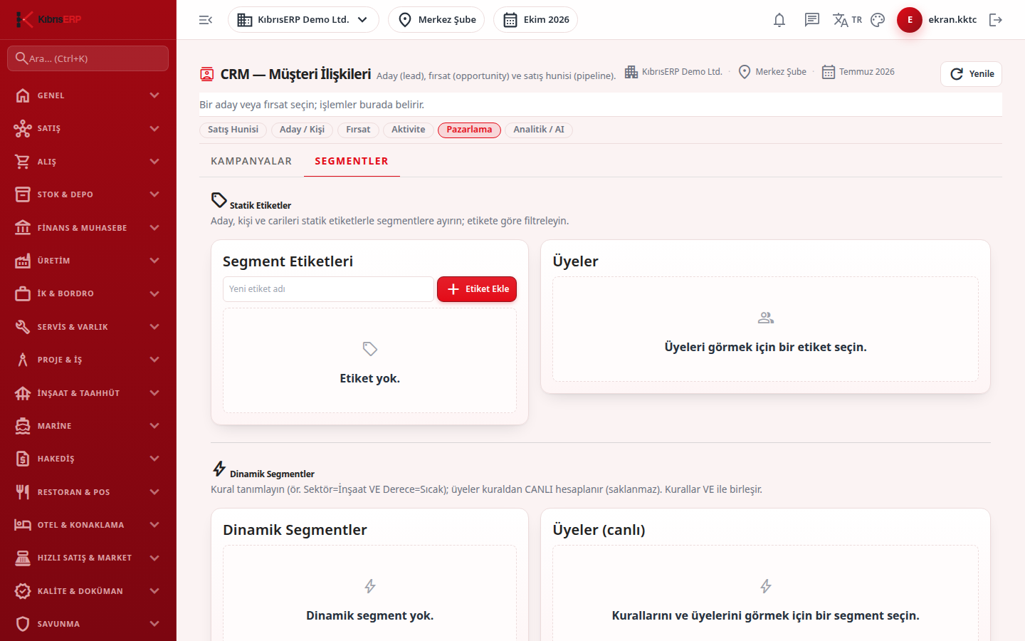 Segmentler sekmesi