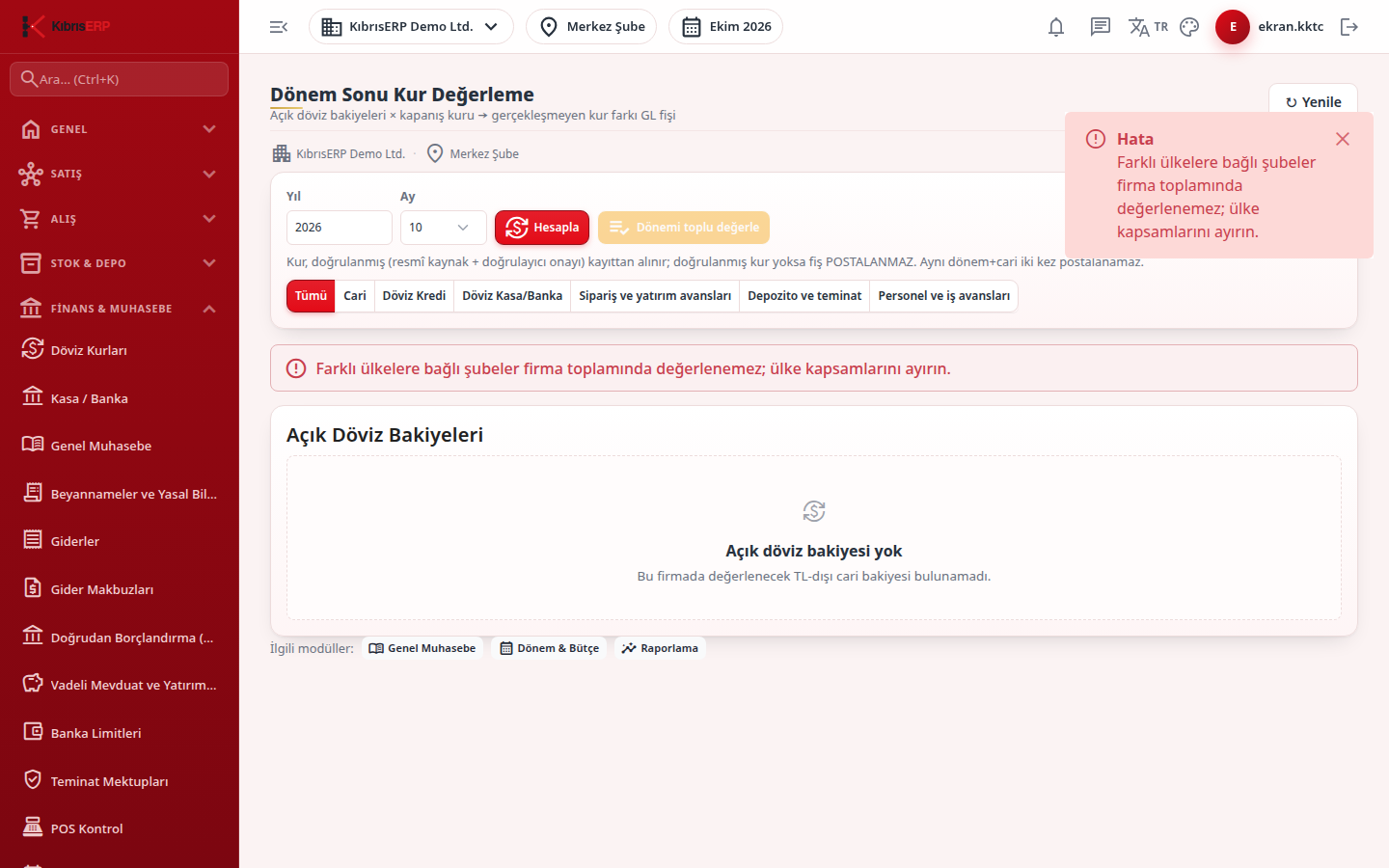 Kur Değerleme ekranı