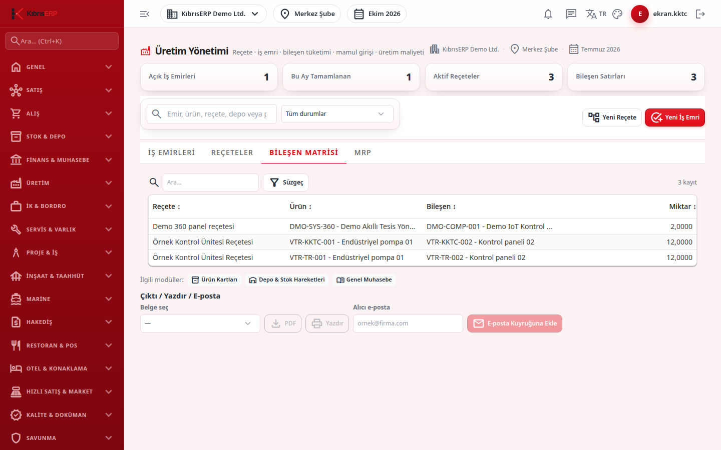 Bileşen Matrisi sekmesi