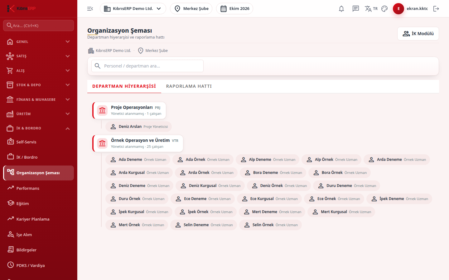 Organizasyon Şeması ekranı
