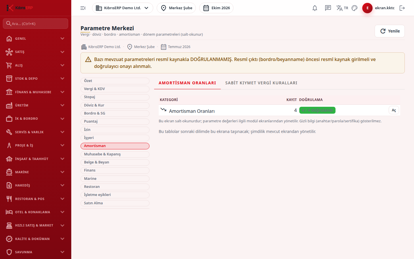 Amortisman oranları sekmesi