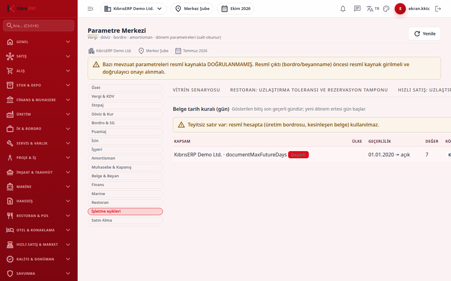 Belge tarih kuralı (gün) sekmesi