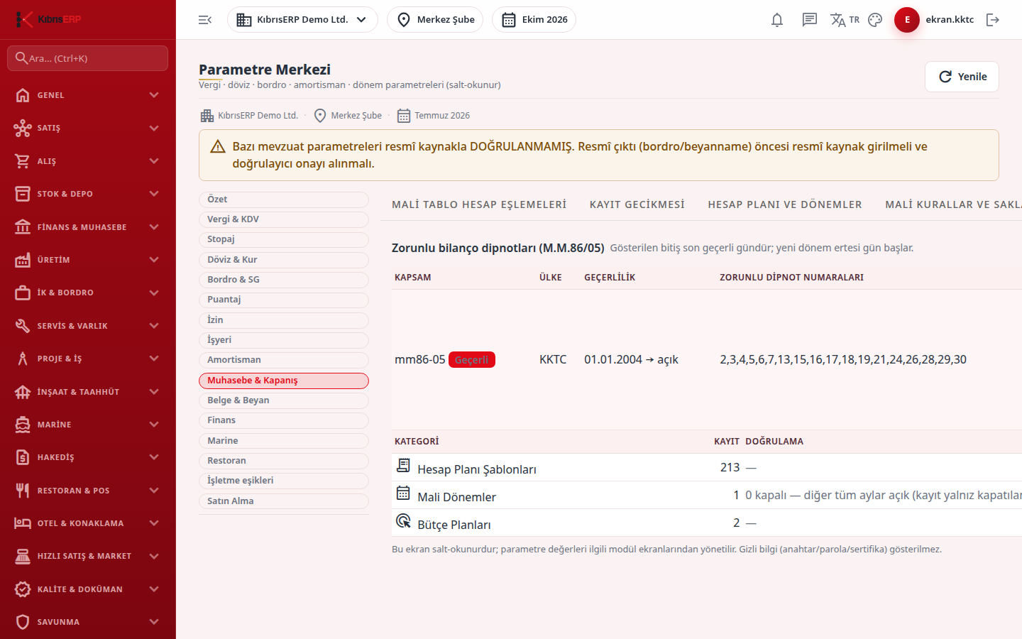 Zorunlu bilanço dipnotları (M.M.86/05) sekmesi