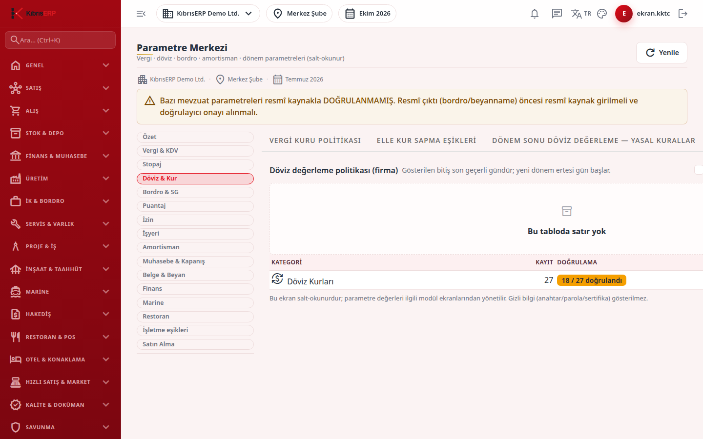 Döviz değerleme politikası (firma) sekmesi