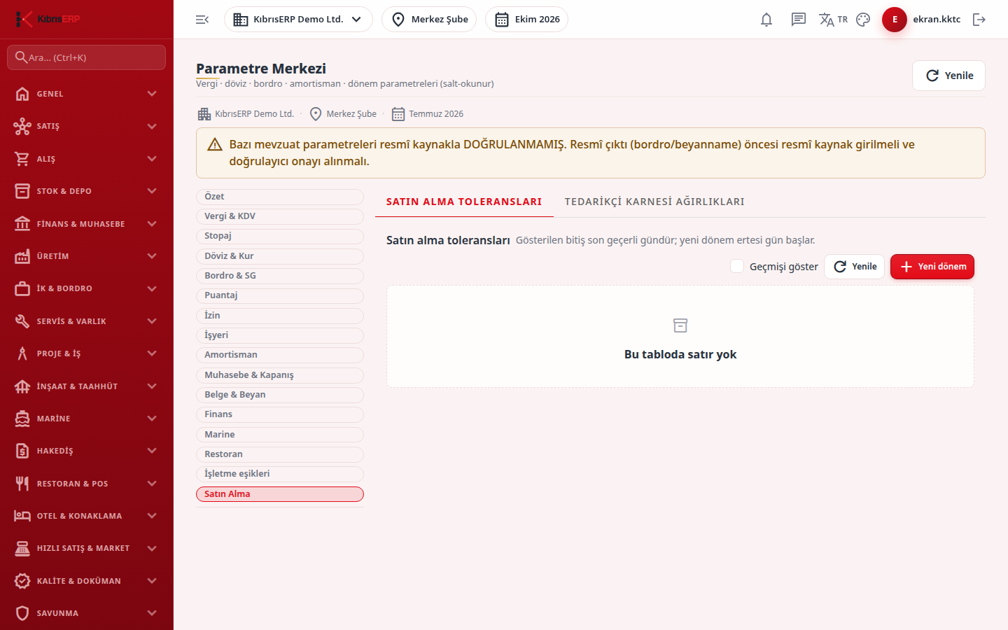 Satın alma toleransları sekmesi