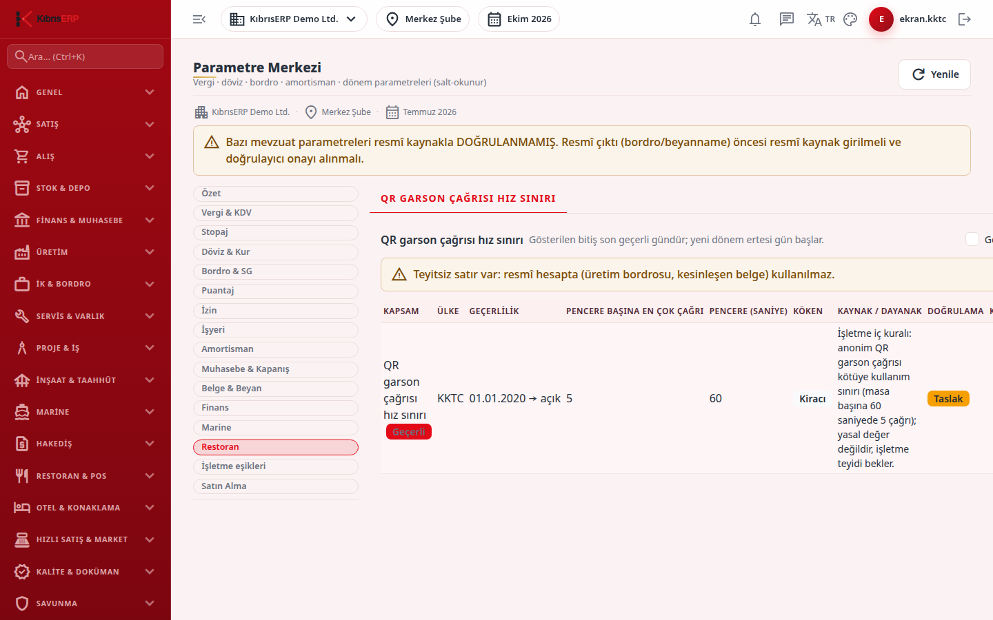 QR garson çağrısı hız sınırı sekmesi