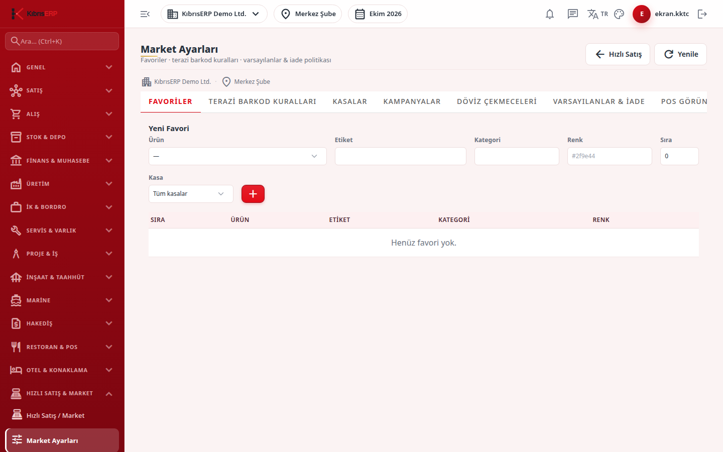 Market Ayarları ekranı