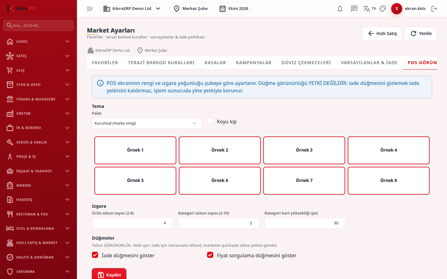 POS Görünüm sekmesi