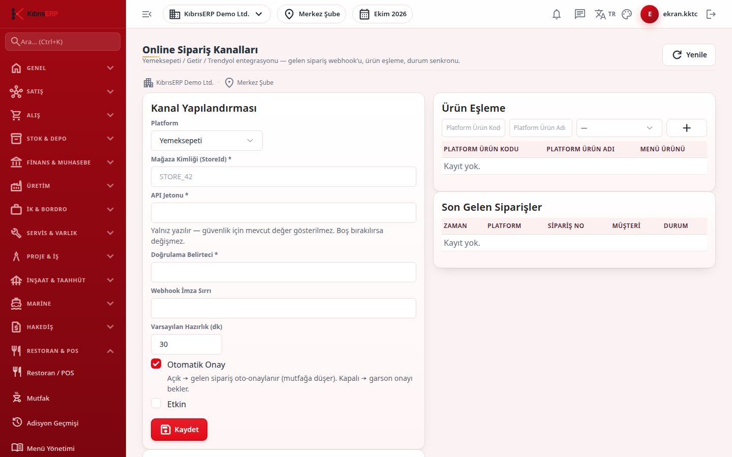 Online Sipariş Kanalları ekranı