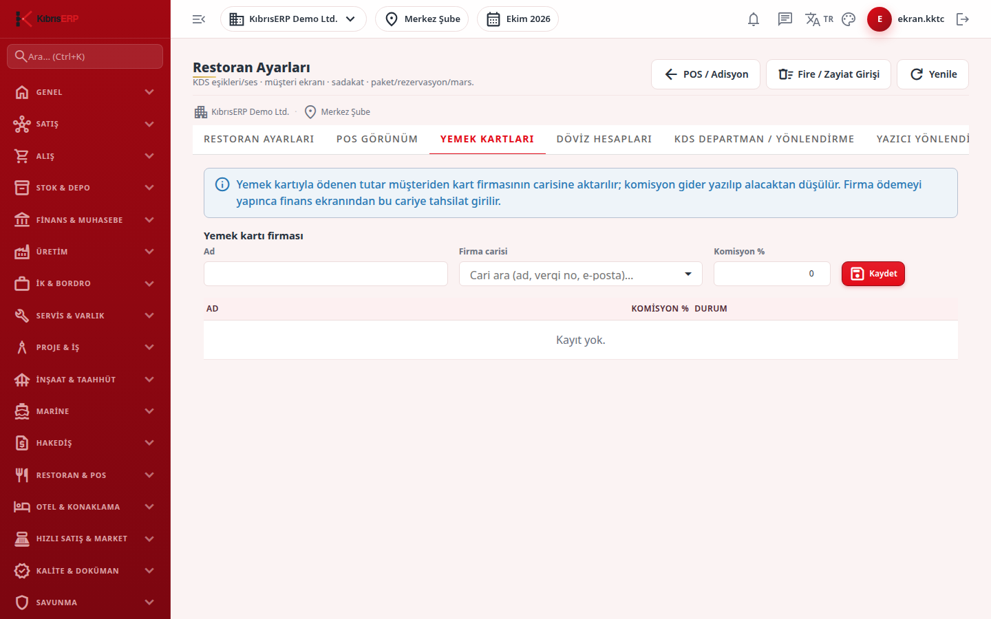 Yemek kartları sekmesi