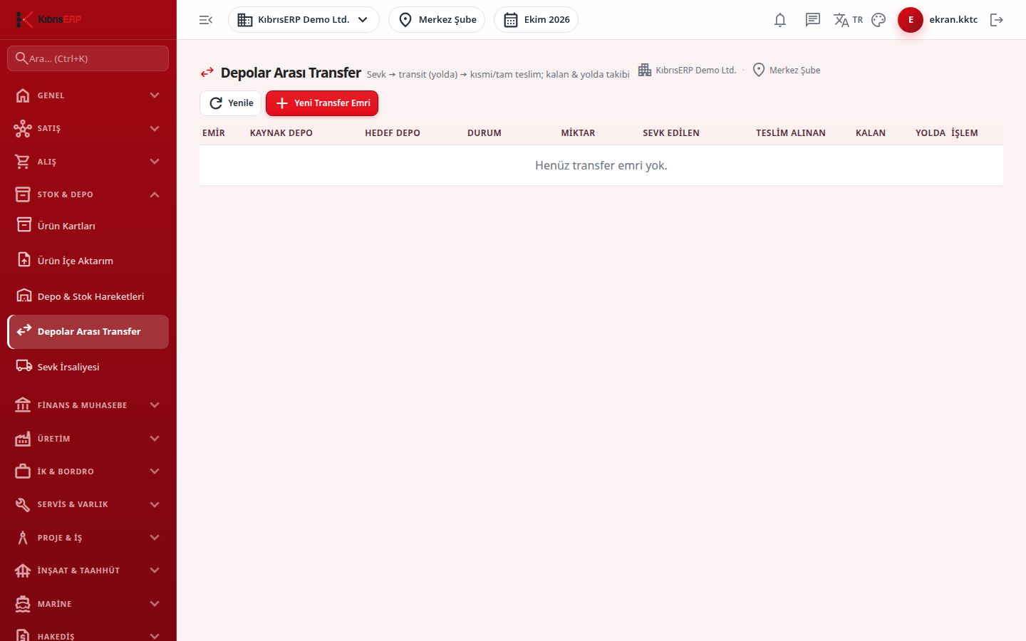 Depolar Arası Transfer ekranı